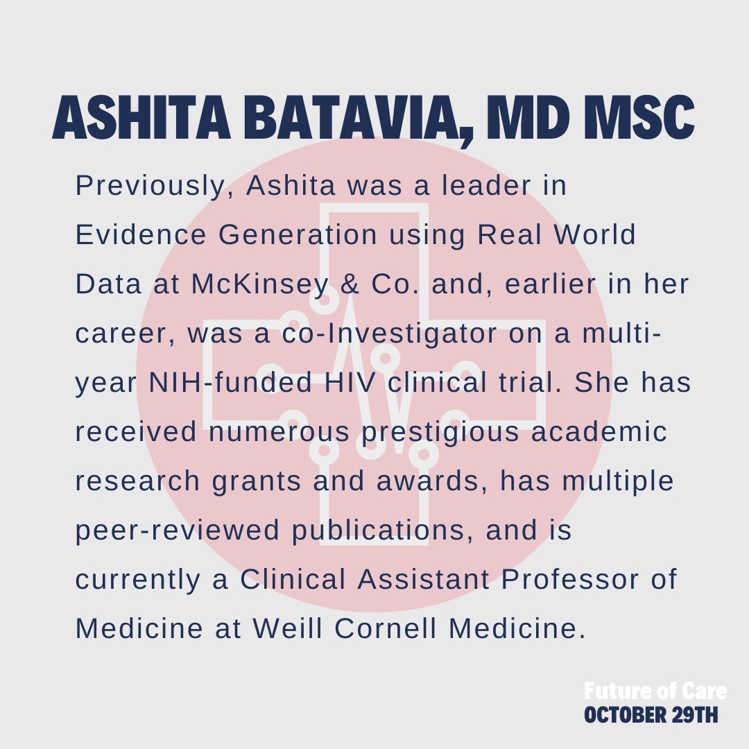 Dr. Ashita Batavia will be speaking at Future of Care 2022! Register for our conference at futureofcare.nyc

 #futureofcarenyc #futureofcare #FOC2022 #futureofcareconference2022 #medtech #healthtech #health #innovation #healthcarenyc #futureofcarenyc2022