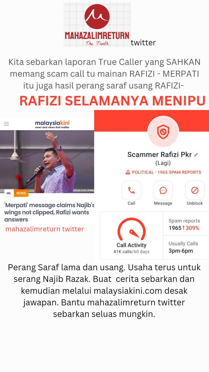 Retweet SEGERA - TERBONGKAR dari True Caller - kerja scam RAFIZI. Isu Merpati @NajibRazak dapat layanan istimewa adalah perang saraf usang '98 - sendiri cipta sendiri sebar dan melalui media @mkini_bm desak jawapan. #RafiziSelamanyaMenipu