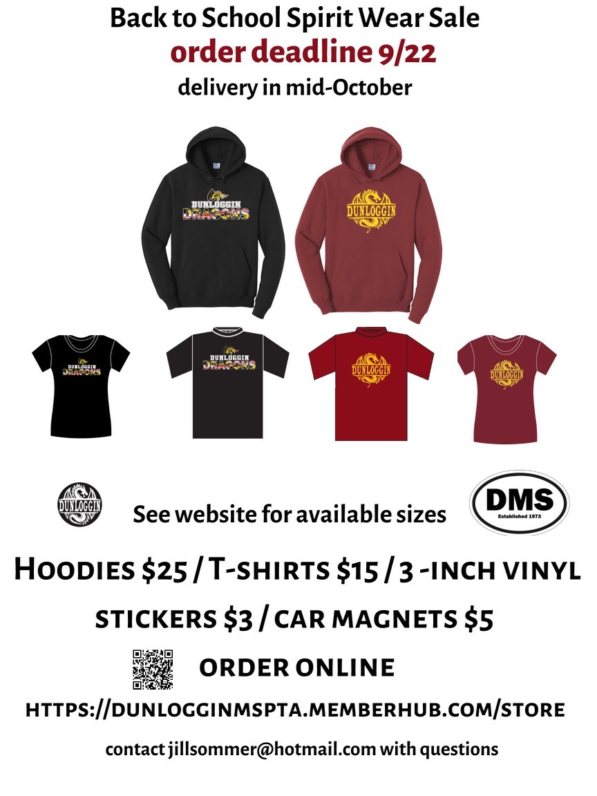 DunlogginMSPTA's tweet photo. Please support our PTA in style! Last day to order Spirit wear with this order is 9/22. Delivery is in mid-October. Order online by following the link below.
https://t.co/9fKSPUy6G8 https://t.co/b0lpmEMjSQ
