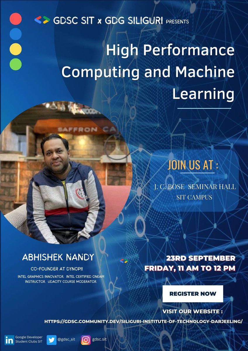 gdsc_sit's tweet photo. GDSC-SIT× Google Developers Group 🤩, to organize the first offline event of this tenure Topic:"High-Performance Computing and Machine Learning".🎊

👨🏻‍🏫 Speaker:
Mr. Avishek Nandy 

⏰ 11am-12pm
🗓️ 23/09/22
🏢 SIR JC BOSE SEMINAR HALL,SIT Campus

RSVP👇🏻 

https://t.co/IdlrcCCQaw https://t.co/oF9NdZhAgq
