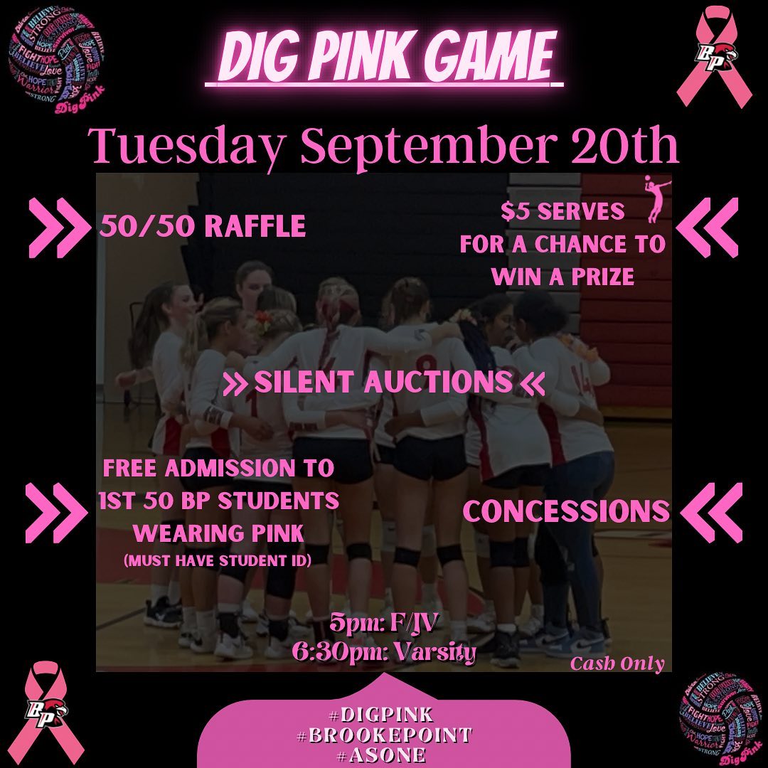 Join Brooke Point and North Stafford High School Volleyball teams on Tuesday, September 20 at as they "Dig Pink" to support a very special Stafford County teacher, Susan Caldwell in her fight against breast cancer. #BrookePointBlackHawks