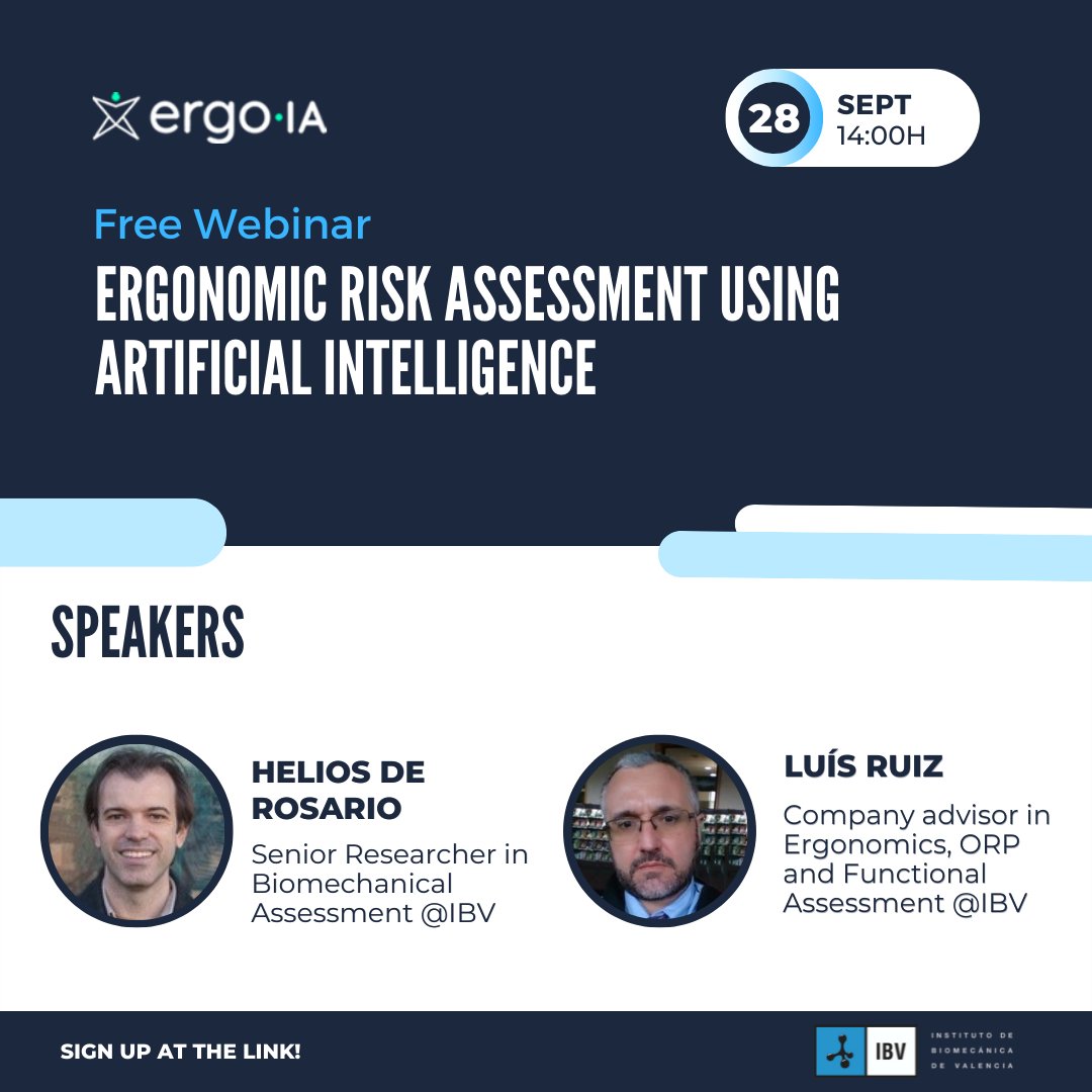 ibv_org's tweet photo. Do you want to know more about our #ergoIA software for ergonomic risk assessment?
We tell you all about it in this #freewebinar with our experts Luis Ruiz and Helios del Rosario.
🗓️28/09
🕓14:00 🇪🇸
✍🏻https://t.co/amQydT81IJ
#health #telework #ergonomics #webinar #health https://t.co/LcjHPQPjae