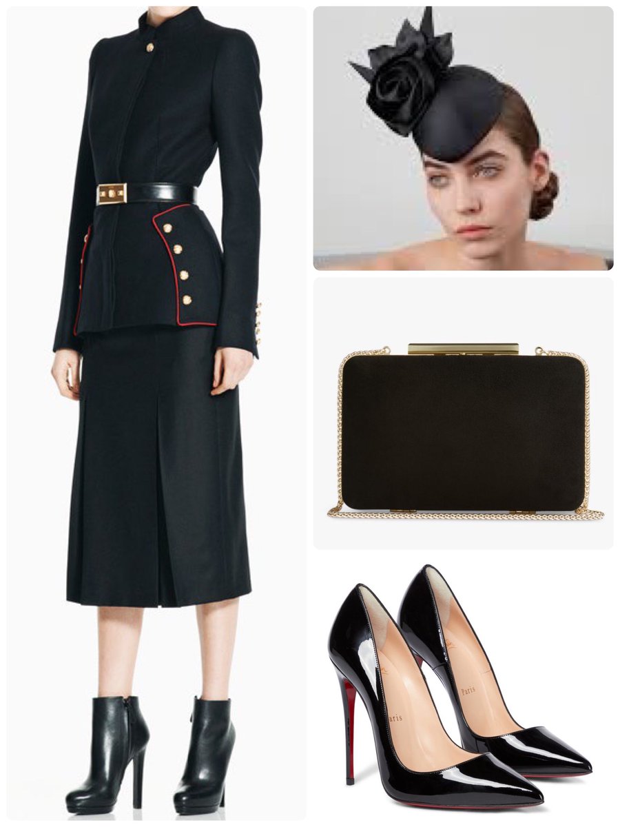 Fxmag3's tweet photo. Her Grace attending The late Queen’s funeral yesterday both at Westminster and at St. Chapel wearing @McQueen military dress, #philiptreacy fascinator, carrying @LKBennettLondon clutch and @LouboutinWorld pumps. #queensfuneral #QueenElizabethII #QueenElizabethIIMemorial #Queen https://t.co/lrE2shrCnX