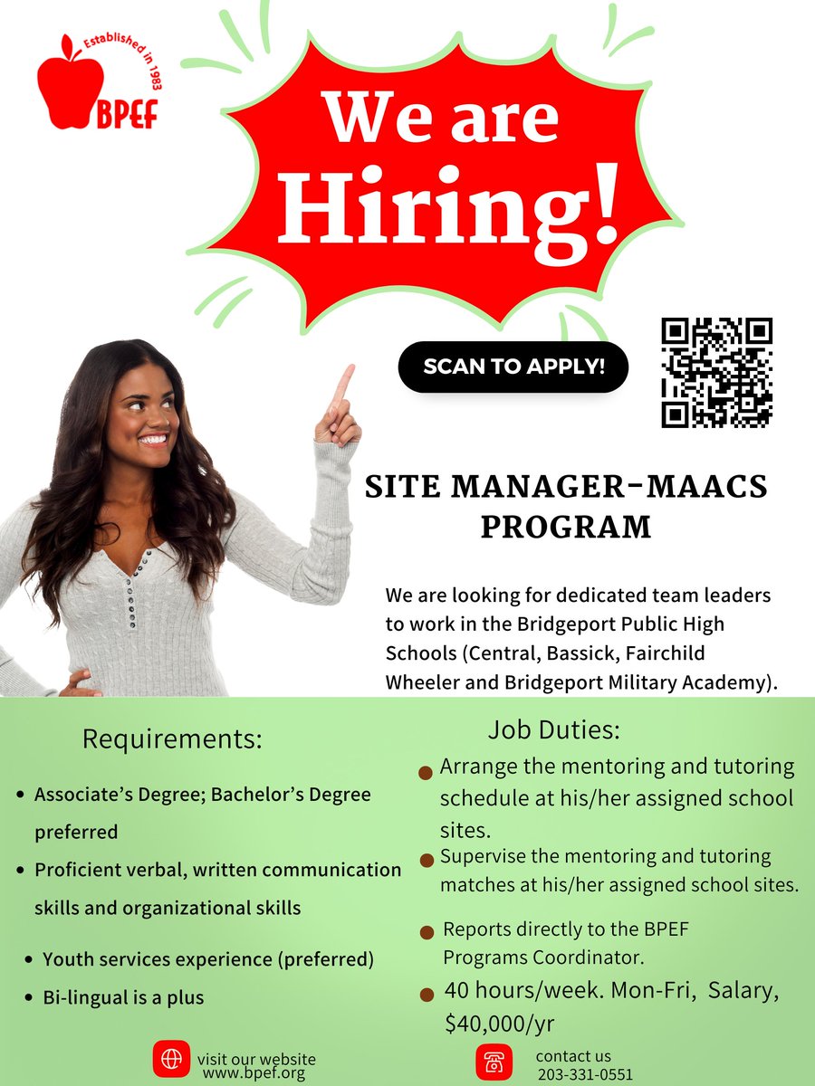 BPEFinc's tweet photo. We are looking for driven leaders interested in managing the MAACS program at their assigned Bridgeport Public High School! Join our team! https://t.co/mXxK4299Ak