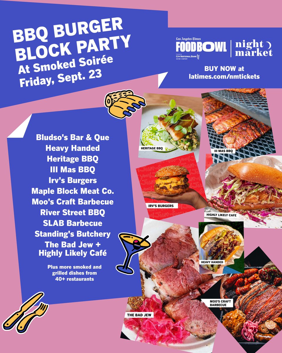 Friday night kicks off #NightMarket! Can you believe it? 🎉🎉

During our Smoked Soirée, make sure you visit the BBQ Burger Block Party for some of #LA’s best 🍖🍔🥩, and enjoy  smoked and grilled dishes from 40+ restaurants!

Get your tickets now at latimes.com/nmtickets! 🎟