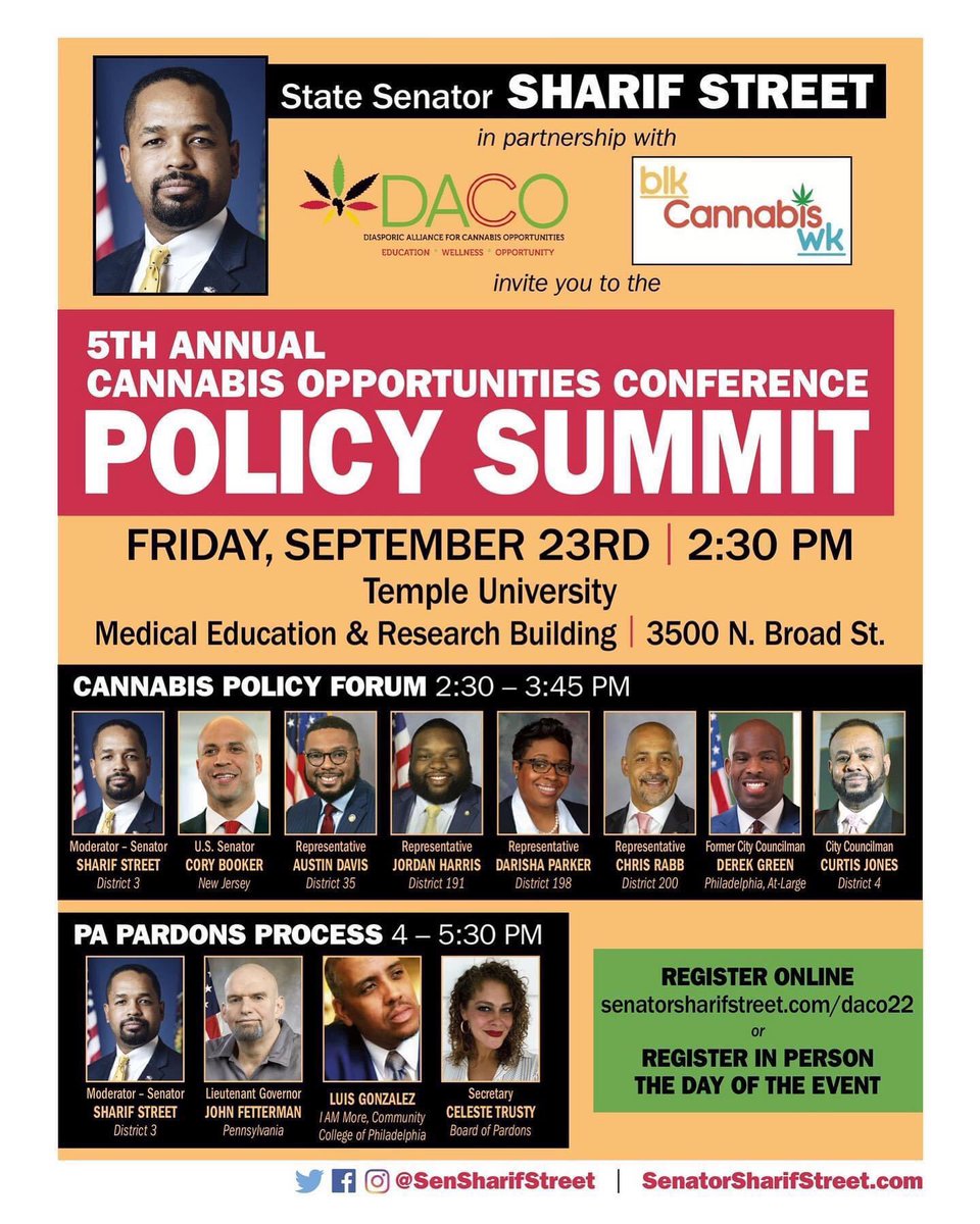 Sunday marked the beginning of Black  Cannabis Week. 

Join me this Saturday for the 5th Annual Cannabis Opportunities Conference, examining cannabis policy and promoting diversity and equity in that soace. 

Register here: https://
senatorsharifstreet.com/daco22