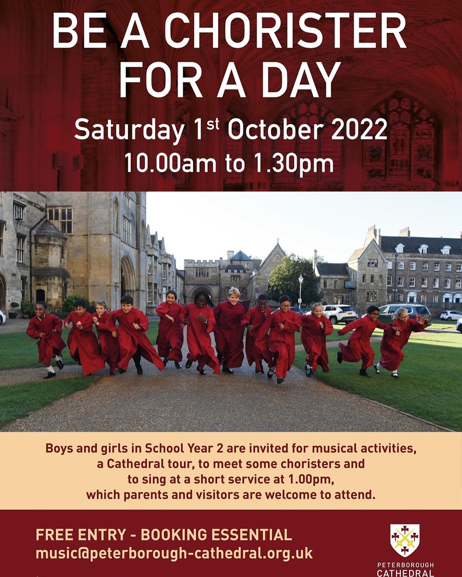 Come and join us for our ‘Be a #Chorister for a Day’ on Saturday 1st October where children in Year 2 will discover and participate in a #choral #service as well as meet our incredibly-driven team of musicians 🎶 

To register email  ⬇️ music@peterborough-cathedral.org.uk
