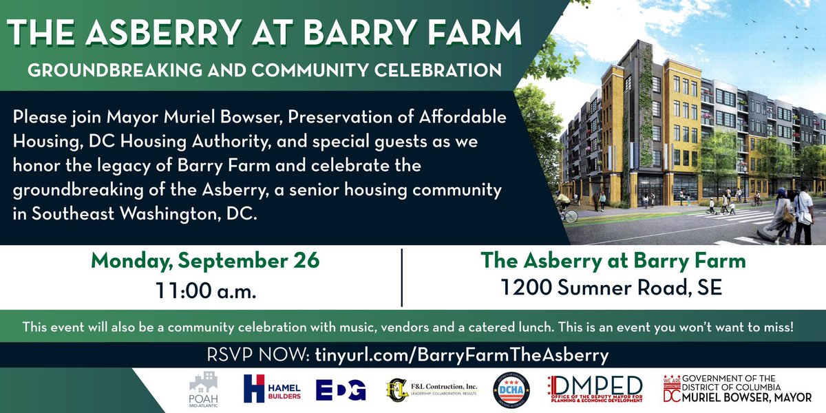 DCMOCRS's tweet photo. Please join @MayorBowser to celebrate The Asberry  Groundbreaking at Barry Farm on Monday, September 26th from 11am to 1pm. RSVP : https://t.co/T8LzDYrtlR https://t.co/w9u8seRJmd