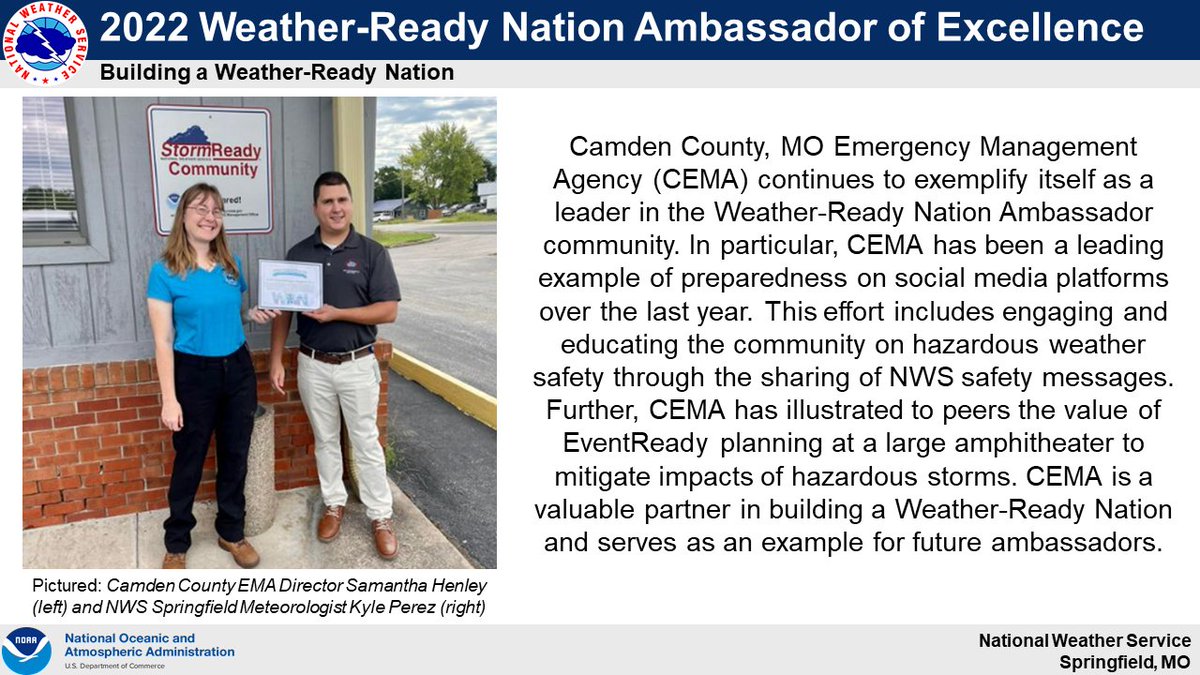 NWSSpringfield's tweet photo. NWS Springfield would like to recognize @CamdenCoMoEMA as a 2022 Weather-Ready Nation Ambassador of Excellence. Building a Weather-Ready Nation. https://t.co/SXoQRpYkLN