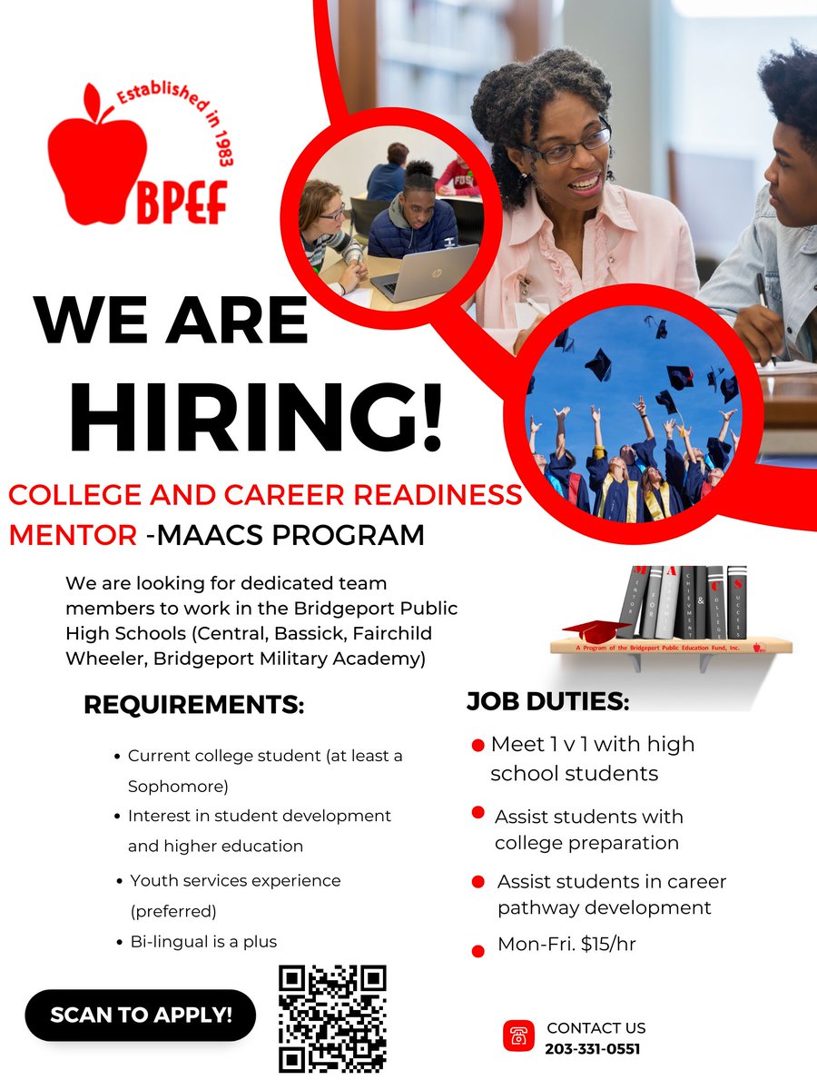 BPEFinc's tweet photo. The MAACS Program is looking to hire current college students to mentor and/or tutor Bridgeport Public High School students, 1v1, to aid them in their college and career readiness. Join our team! https://t.co/R3PhkL7Ex7