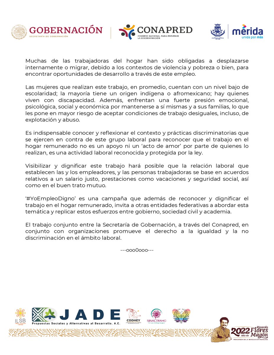 #Boletín|📢Acompañamos a diversas instituciones y organizaciones civiles en la presentación de la campaña #YoEmpleoDigno para garantizar los derechos laborales de las personas que lo realizan.
#Entérate👉fb.watch/fFAA_cAaUM/

📍#Mérida #Yucatán 
📌#NadieAtrásNadieAfuera