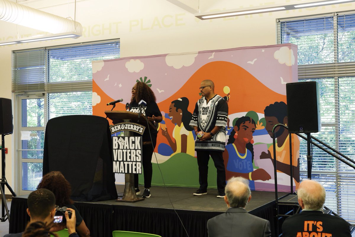BlackVotersMtr's tweet photo. Today, on #NationalVoterRegistrationDay, @benandjerrys, alongside Black Voters Matter, unveiled a sweet new look and mission to their popular flavor, “Change is Brewing". A portion of the proceeds will go to Black Voters Matter to support our work on the ground. #WeWontBlackDown https://t.co/kbkVzKKNJk