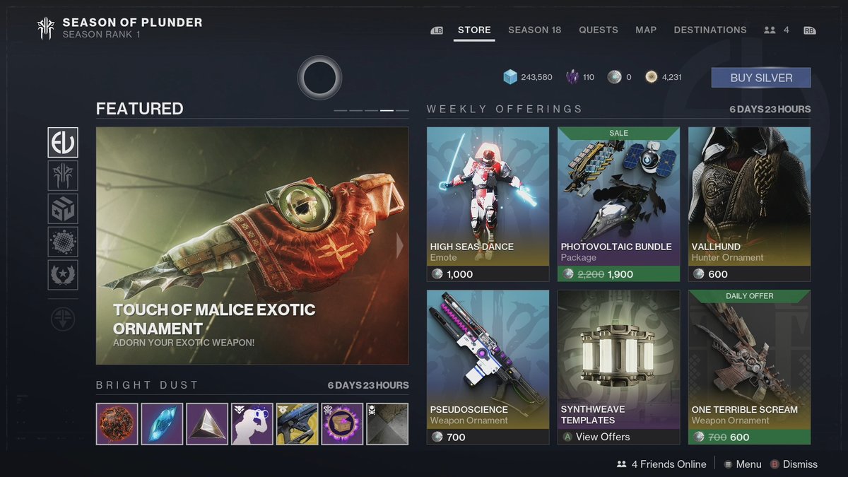 HoldToReset's tweet photo. Here's what's for sale in the Destiny 2 Eververse Featured and Bright Dust Items Shops this week. https://t.co/ySX3xpHSjT
#Destiny2 #FeaturedShop #BrightDustShop https://t.co/GyABqutMb6