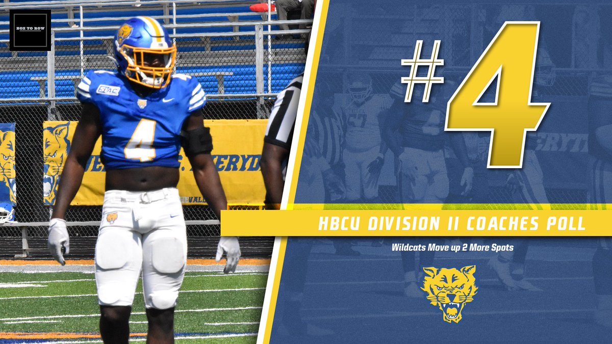 FVSUATHLETICS's tweet photo. Jaylen Brown &amp; the Wildcats move up 2 more spots! @FVSUFootball now at the No. 4 spot of the latest HBCU DII Coaches Poll powered by @boxtorow.  #ValleyTough https://t.co/ab3sSkS8F3