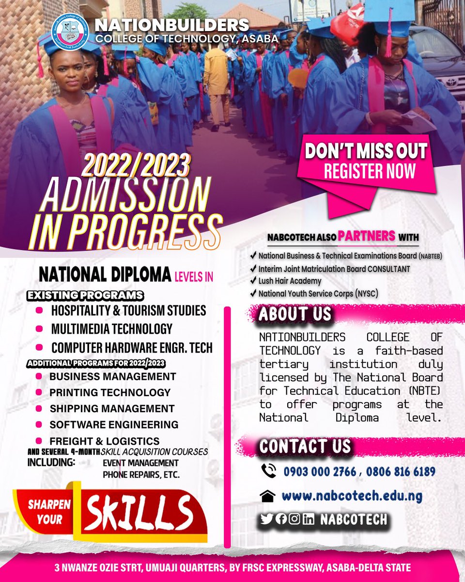 nabcotech's tweet photo. *ADMISSION.....ADMISSION* 

✓Jambite with a minimum score of 100 points for 2-year national diploma-level courses.

✓Become a certified entrepreneur in any of our skills-based 4-month certificate courses.

1/3

-#asaba https://t.co/oU3PDHcIXL