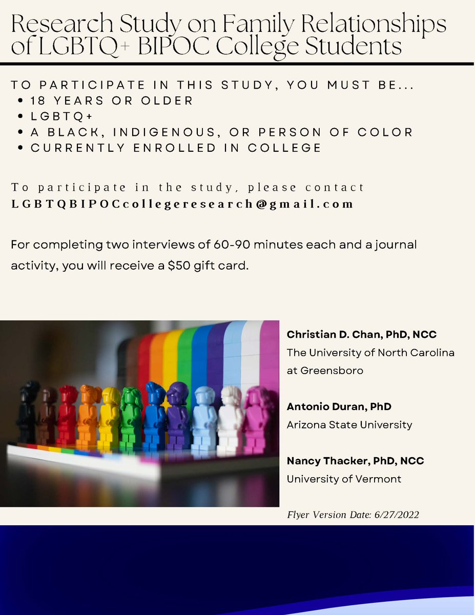 Antonio Duran, PhD (@ant_duran) on Twitter photo Seeking participants for a study on how LGBTQ+ BIPOC negotiate and develop familial (of origin and chosen) relationships in collegiate contexts. Email LGBTQBIPOCcollegeresearch@gmail.com to participate #HigherEd #Queer #LGBTQ #BIPOC #College #SAChat #repost Seeking participants for a study on how LGBTQ+ BIPOC negotiate and develop familial (of origin and chosen) relationships in collegiate contexts. Email LGBTQBIPOCcollegeresearch@gmail.com to participate #HigherEd #Queer #LGBTQ #BIPOC #College #SAChat #repost