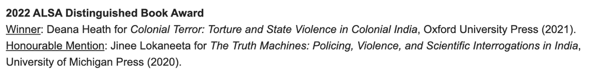 LokaneetaJinee's tweet photo. Honored that my book The Truth Machines @UofMPress  @OrientBlackSwan got honourable mention by Asian Law and Society Association's Distinguished Book Award.
Thrilled that Deana Heath's  Colonial Terror was the winner. Both on state violence in colonial/or postcolonial India. https://t.co/vWjjm3OJCo