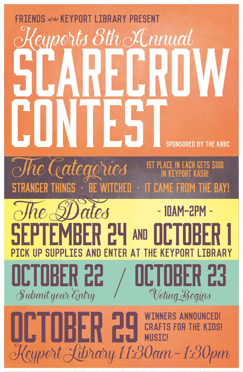 FriendsofKPL's tweet image. It's that time of year again!
Stop by the Keyport Public Library, this Saturday, from 10AM-2PM.
$25 Registration fee.

Create for a good cause!
#scarecrow #scarecrows #scarecrowcontest #nj #jerseyshore #spooky #library #keyportpubliclibrary #friendsofKPL