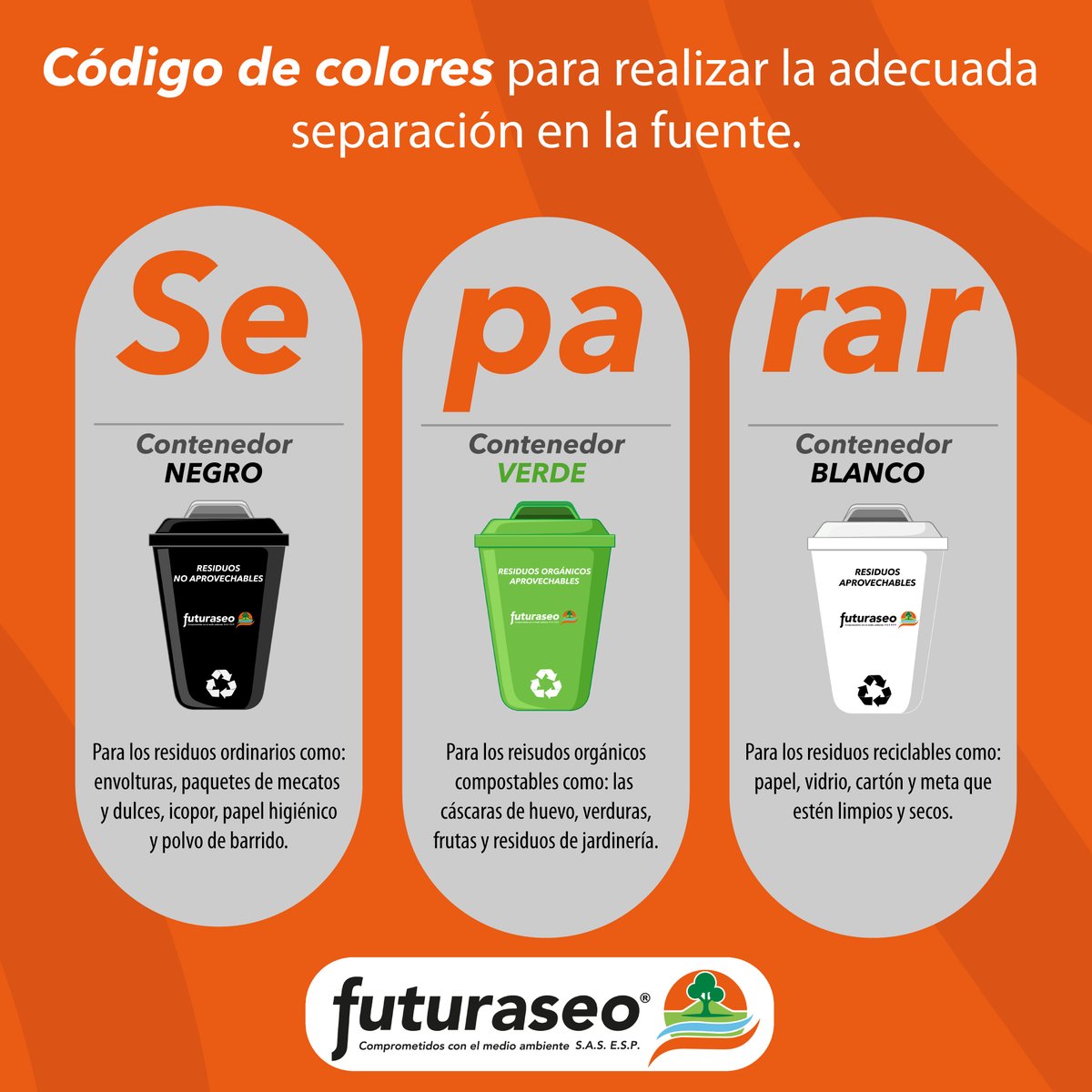 👉 ¿Realizas la adecuada separación en la fuente? 
Recuerda que los residuos deben ser separados de la siguiente forma:
⚪ Recipiente o bolsa blanca: Residuos aprovechables.
🟢Recipiente o bolsa verde: Residuos orgánicos.
⚫ Recipiente o bolsa negra: Residuos  no aprovechables.