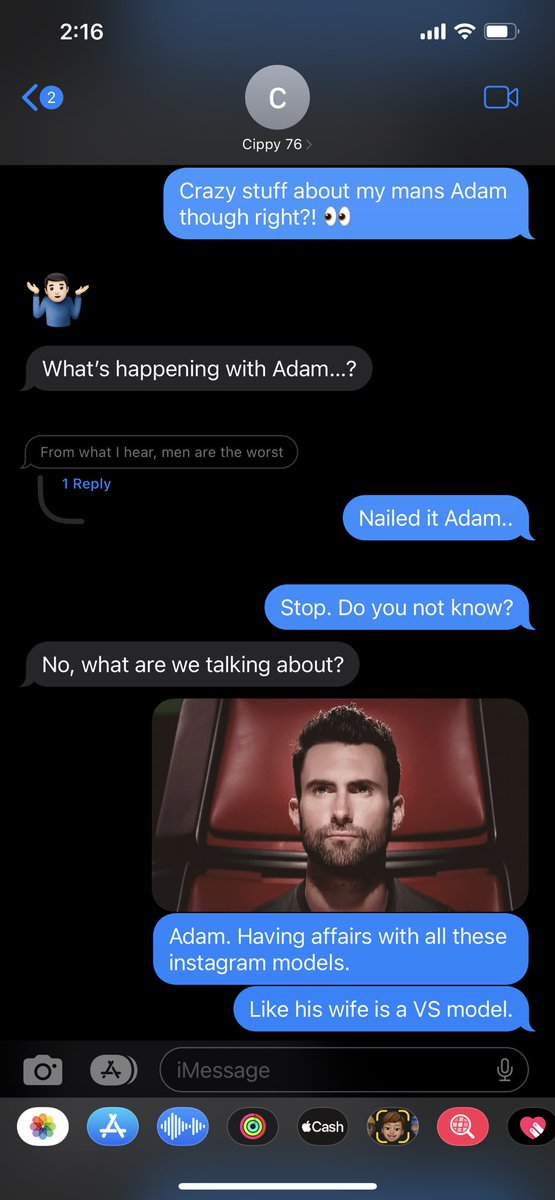 LayceeMoss's tweet image. When you break the news to @Cippyzero because he’s been out of the loop. #AdamLevine