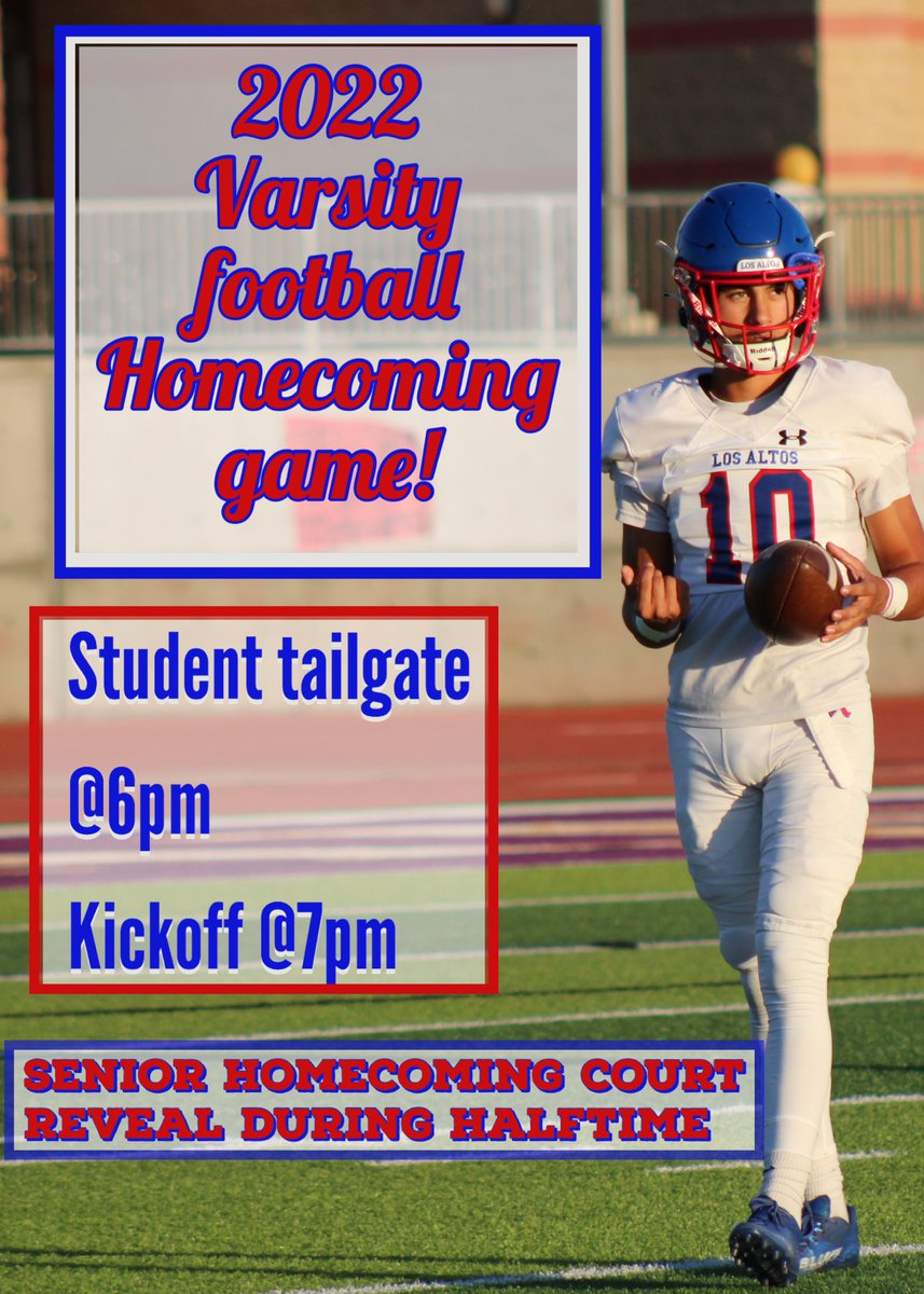 Hey conquerors!! It’s homecoming week🏈 make sure to come out this Friday to see your varsity football team take on Cal High at 7pm! The games theme is Red Out so make sure to come dressed in your best red outfits! See you at the game conquerors🏈