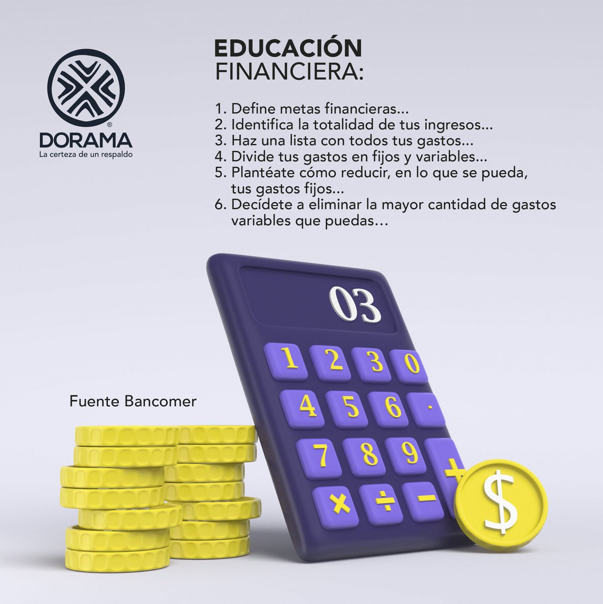 DoramaGarantias's tweet photo. En @DoramaGarantias nos interesa que tengas una correcta educación financiera, por ello, te compartimos ciertos tips para que cuides de tus finanzas. #Sectorafianzador #Finanzaspersonales #Finanzassanas #EduaciónFinanciera #AgenteDORAMA #WeareDORAMA #DoramaContigo https://t.co/pFqvoJEV1b
