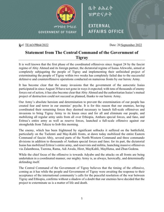 GaroweOnline's tweet photo. The central command of #Tigray Govt said in a statement via @TigrayEAO that it believes the timing of the #Eritrean offensive in Tigray came as they are awaiting a response to their acceptance of the Int'l community calls for peaceful resolution of the war in northern #Ethiopia. https://t.co/G8K8bodQYy