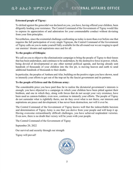 GaroweOnline's tweet photo. The central command of #Tigray Govt said in a statement via @TigrayEAO that it believes the timing of the #Eritrean offensive in Tigray came as they are awaiting a response to their acceptance of the Int'l community calls for peaceful resolution of the war in northern #Ethiopia. https://t.co/G8K8bodQYy