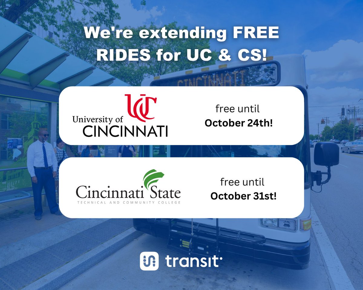cincinnatimetro's tweet photo. We're extending our FARE-FREE promotion for UC and Cincy State! 

@uofcincy students ride Metro FARE-FREE until October 24th! 

@CinStateCollege students ride Metro FARE-FREE until October 31st! https://t.co/X2NNdXci81