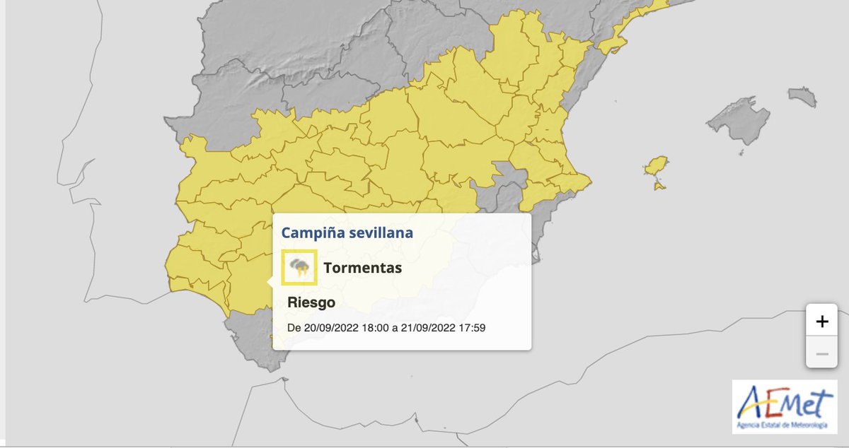 EmergenciasSev's tweet photo. 🟨 ⛈️Aviso Amarillo por Tormentas en #Sevilla, desde esta tarde hasta mañana por la tarde, según @AEMET_Esp 
Actualizaremos pronósticos oficiales #Aemet. https://t.co/Z96280XpOA