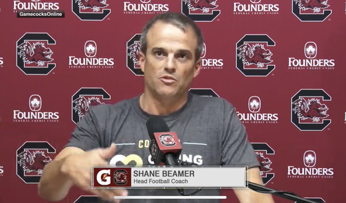 CharlesBloomSC's tweet photo. @CoachSBeamer sporting the #CuringKidsCancer shirt at his weekly press conference. September is Childhood Cancer Awareness Month. Go to https://t.co/u003CCRXFP for more information. https://t.co/vIOPGE75Ti