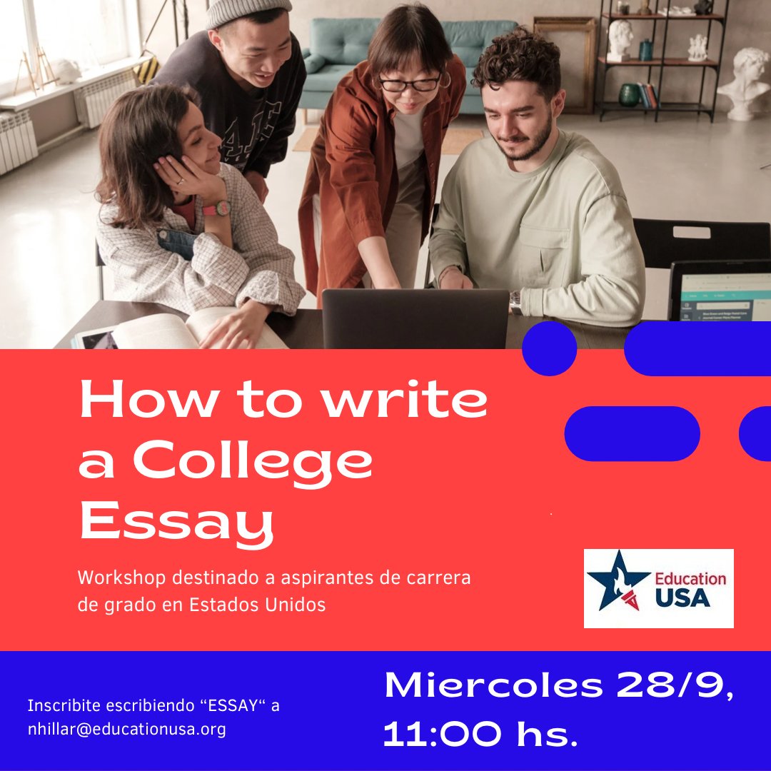 educationusarg's tweet photo. Desde EducationUSA brindamos este taller de escritura online gratuito en el que podrás conocer en qué consiste un essay y aprender  muchos tips!

Inscripciones: Envía la palabra "essay" a nhillar@educationusa.org
📆 Miércoles 28 de septiembre, 11.00hs.
💻Via Zoom https://t.co/oOOEsHWCR3