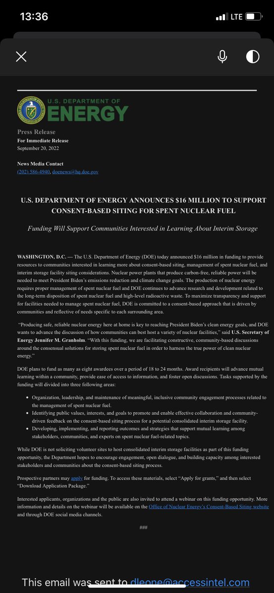 INBOX: @ENERGY Tues unveiled its much-vaunted funding opportunity for potential interim storage host sites. $16M in funding to be divided up over eight awardees over a ~2 year period. Story TK.