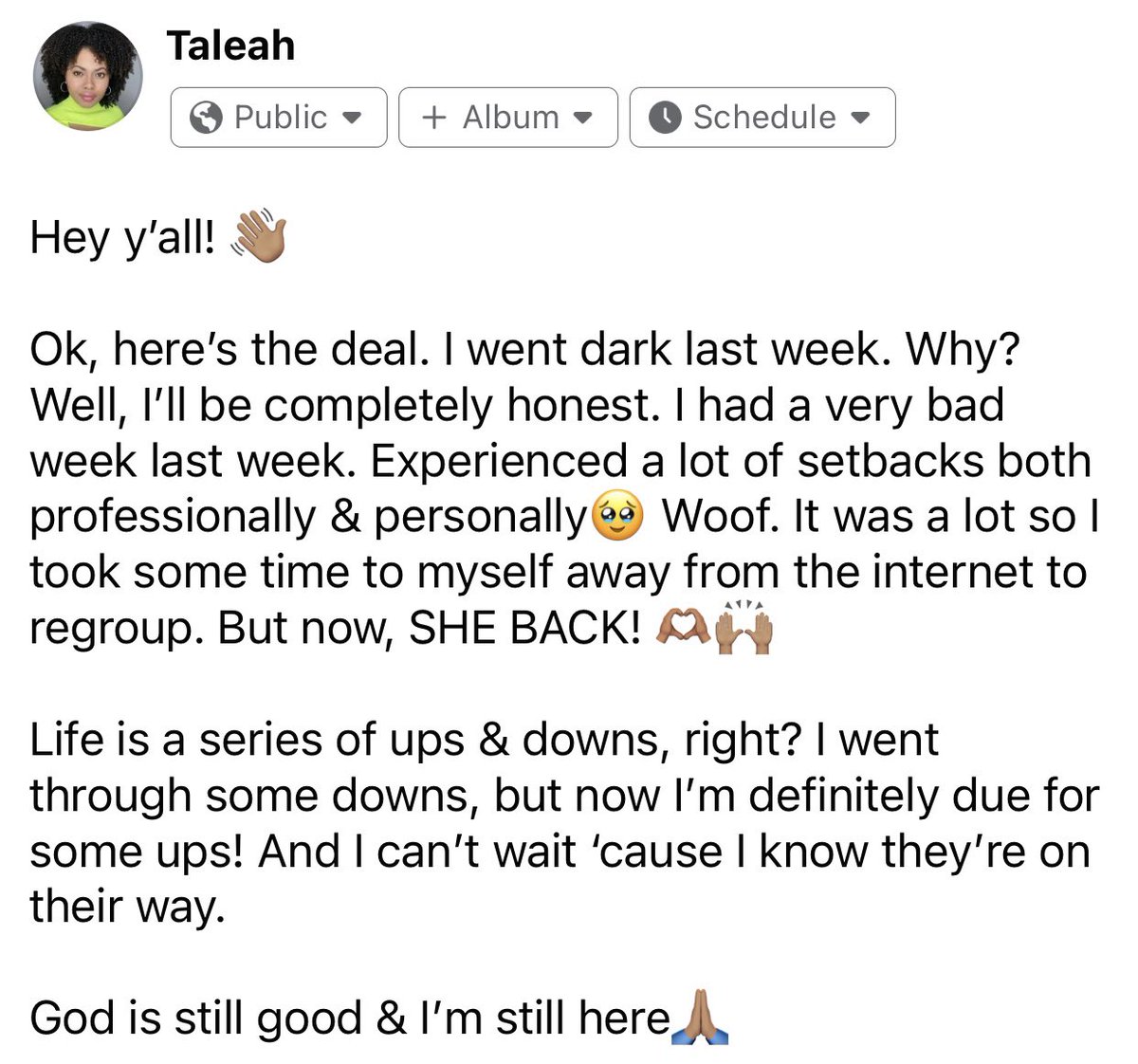 TaleahSings's tweet photo. I don’t tweet much but I wanted to share some things I’ve been going through and what I have coming up 🙏🏽❤️
#TaleahTuesday #onward https://t.co/8F8gGAVrFo
