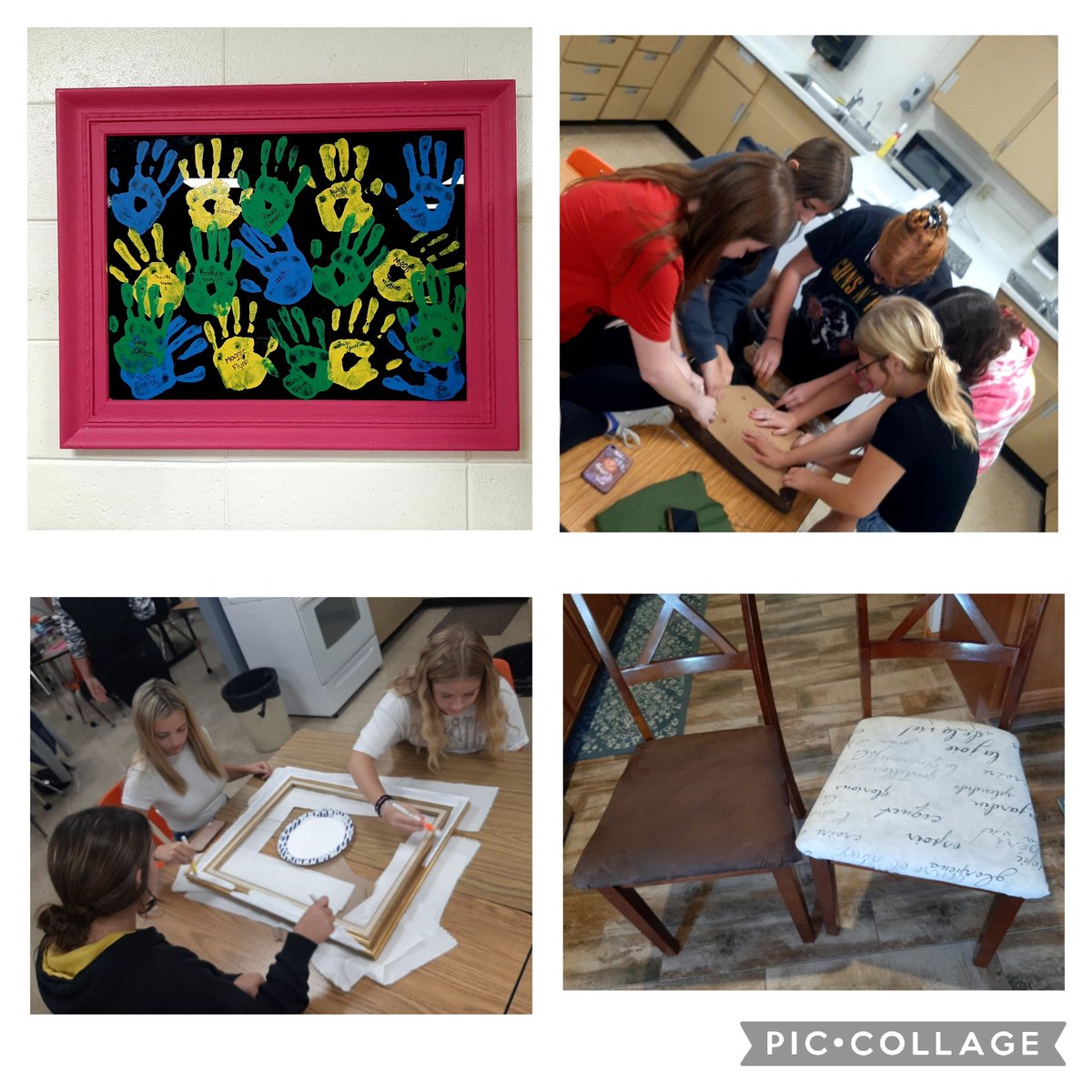 ib327_FCS's tweet photo. The FCS class created a piece of personalized wall art to hang in my classroom and learned how to reupholster kitchen chairs during our Interior Design unit! #ibtigerpride https://t.co/f5YUI3Ui4H