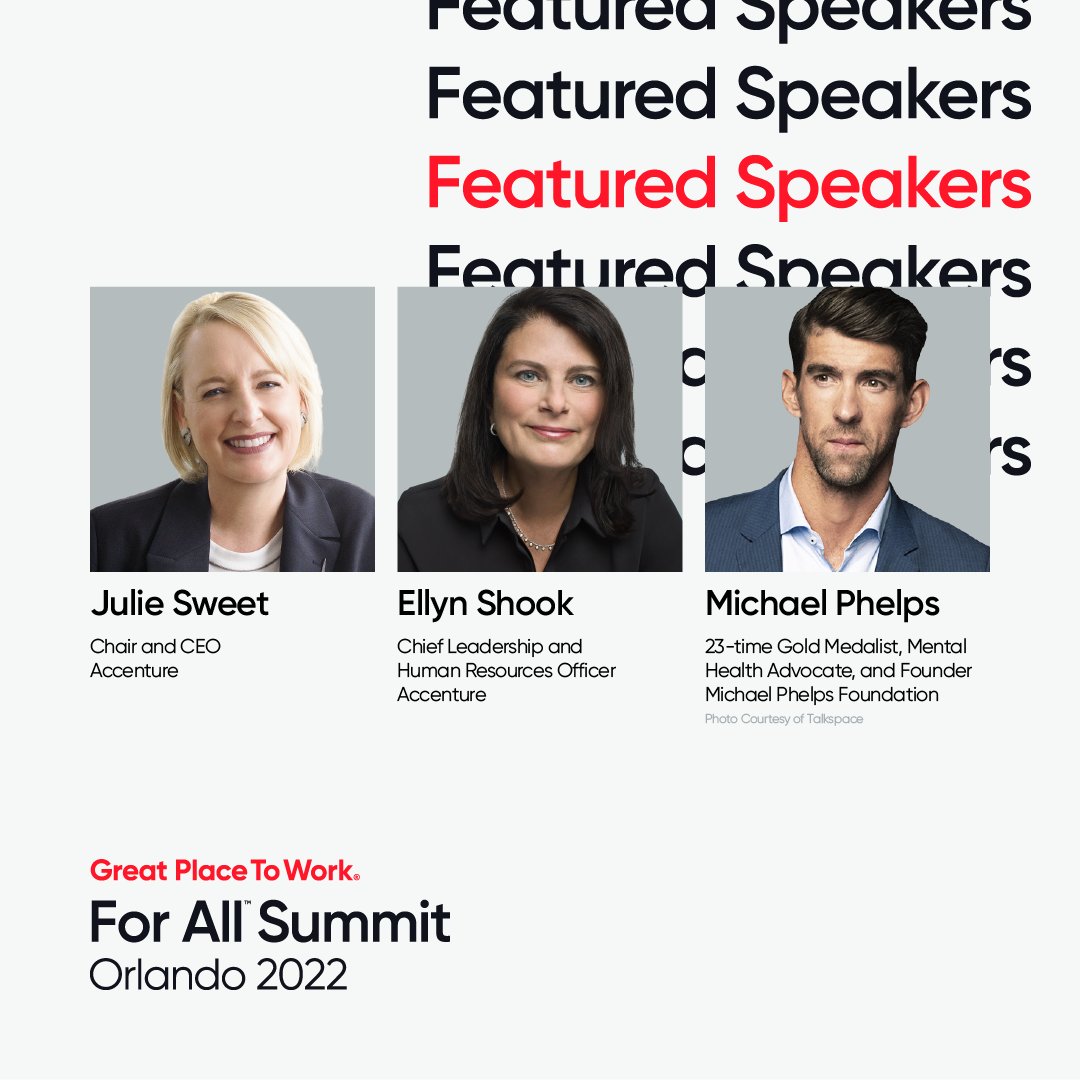 I am thrilled to announce that Michael Phelps, 23-time gold medalist and mental health advocate will be joining me on our For All Summit mainstage. Together, we'll have a candid conversation with <a href="/JulieSweet/">Julie Sweet</a>  and <a href="/EllynJShook1/">Ellyn J. Shook</a>  from <a href="/Accenture/">Accenture</a>. greatplacetowork.com/for-all-summit