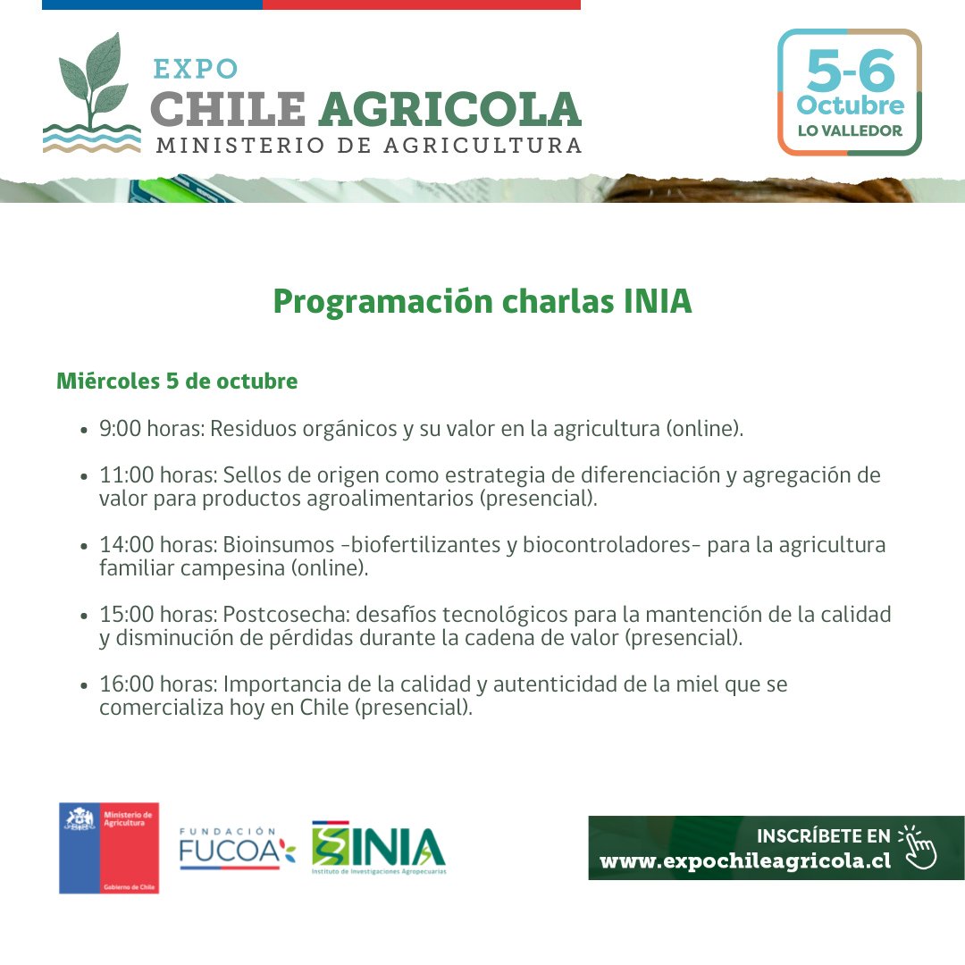 iniachile's tweet photo. Aquí tienes la programación de charlas #INIAChile en Expo Chile Agrícola 2022 de @MinagriCL @fucoa 👇

✅Inscripciones en: https://t.co/fYjZe3PUMx https://t.co/qEDXo43G0e