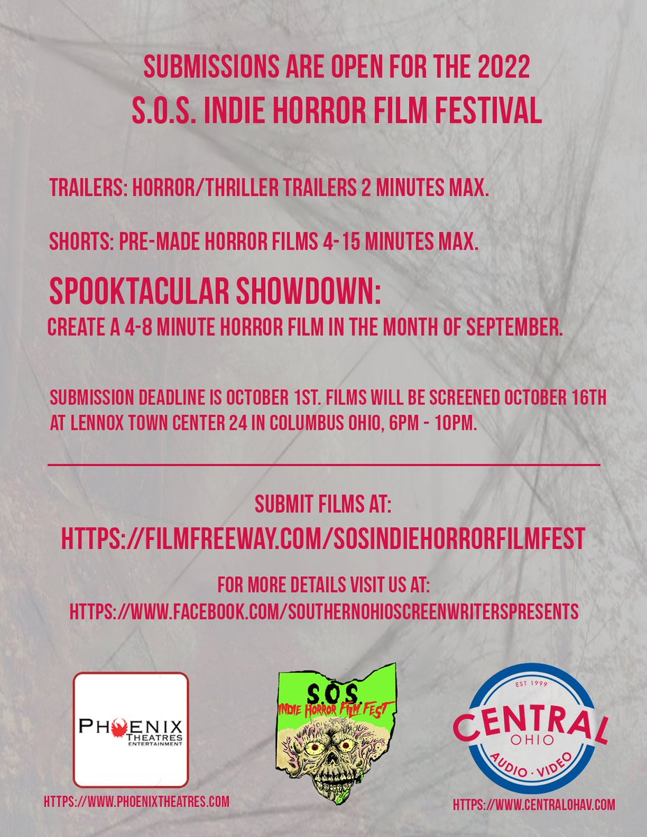 SOScreenwriters's tweet photo. Submissions are still open for the 2022 Indie Horror FIlm Festival. Deadline is October 1st.
https://t.co/vA3X2lVkSE
https://t.co/kordsUT7NR
https://t.co/1XNyJ2epYo
https://t.co/E4zBqAzsrY
#SOSihff2022 https://t.co/PN6ZXXLqQL