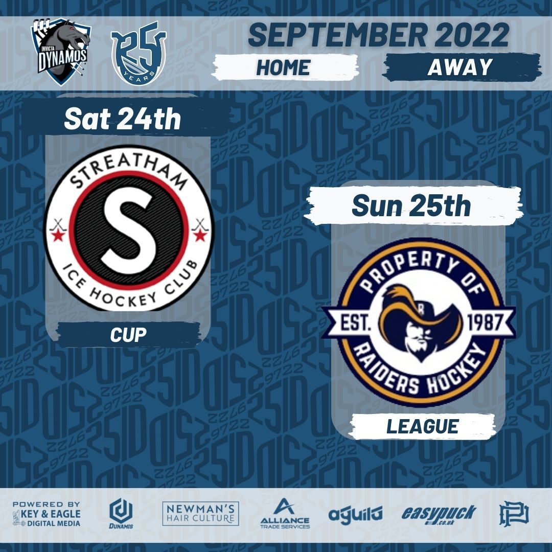 InvictaDynamos's tweet image. IT'S ALMOST TIME! HOCKEY IS BACK THIS WEEKEND!

Here's whats coming up..

SAT 24th SEPT
AWAY v Streatham IHC
Face off 17.30pm

SUN 25th SEPT
HOME v Romford Junior Raiders
DOORS OPEN 4.30pm FACE OFF 5.15pm
Tickets here - iceaccount.co.uk/invicta-dynamo… Tickets also available on the door