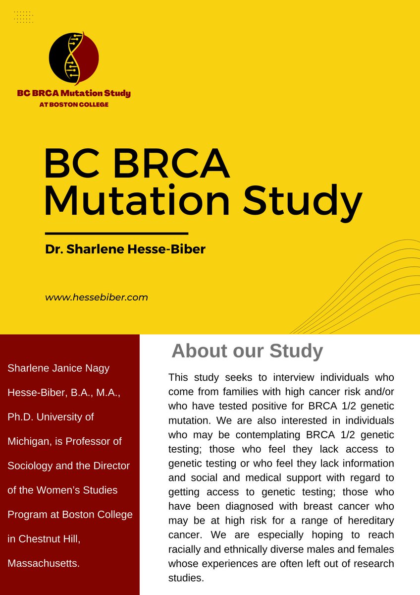 We are the Boston College BRCA Study! Please feel free to read our flyer and learn more about who we are and what you're doing. If you want to help us in our search for information, please take our survey below! 
tinyurl.com/BRCAcuestionar…
tinyurl.com/BCBRCA2022