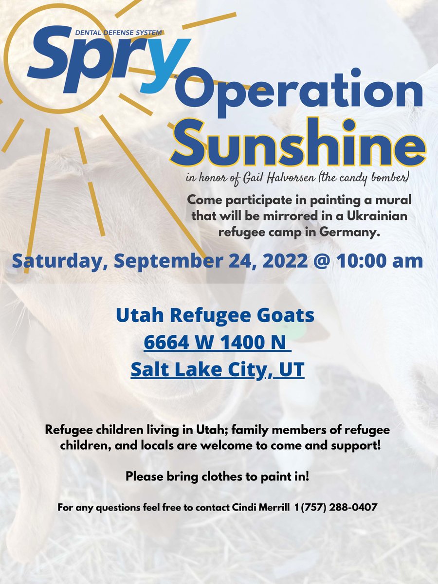 SprySmile's tweet photo. Join us this weekend for #SpryOperationSunshine in Salt Lake at the East African Goat Refugee Farm.
Come support refugees and let your kids help paint a mural.
https://t.co/RhoOw50WXh
#iSpry #SprySmile #GoatFarm #UtahRefugeeGoatFarm #Goats #Education #Empowerment #Volunteer https://t.co/Tn6Eqo2dK0