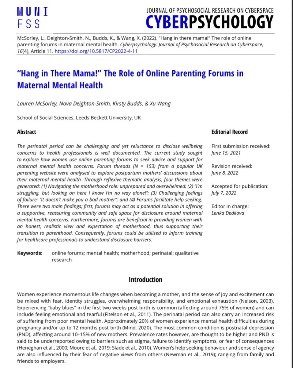 Congratulations to @LaurenMcsorley2 on your first publication from your @LBUPsych PhD. Proud supervision team 👏🏽👏🏽 cyberpsychology.eu/article/view/1… #maternalmentalhealth