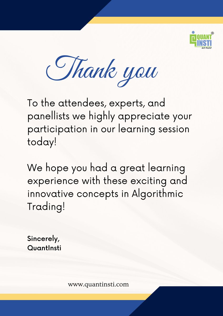QuantInsti's tweet photo. Thank you for attending Algo Trading Conference! You can also find all the videos of this conference on QuantInsti's Youtube Channel.
Stay tuned for more incredible learning sessions!
#ThankYou #QIconference #StockMarket #trading #trade #algotrading https://t.co/A6fVzRcsB5