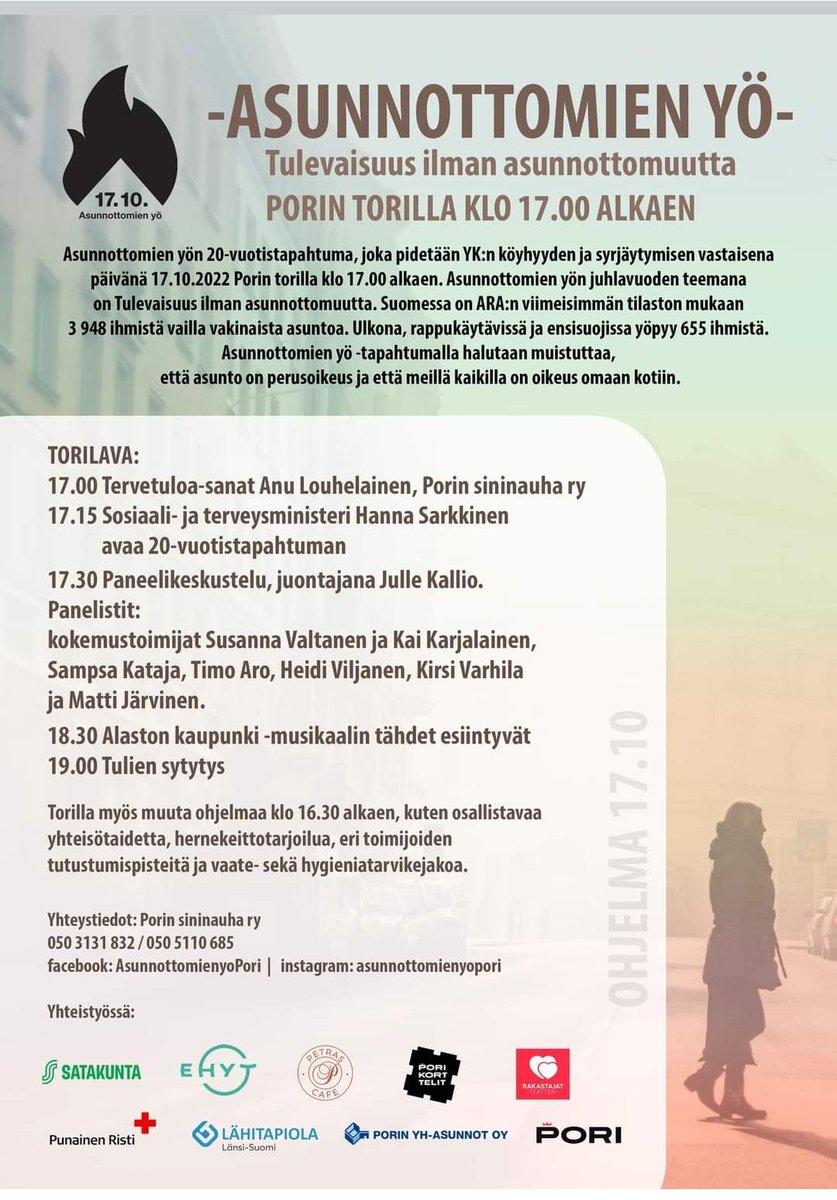 Tänä vuonna <a href="/Asunnottomienyo/">Asunnottomien yö</a> tä vietetään Porissa torilla. Teemalla tulevaisuus ilman asunnottomuutta. Tervetuloa! <a href="/porinsininauha/">Satakunnan Sininauha</a>