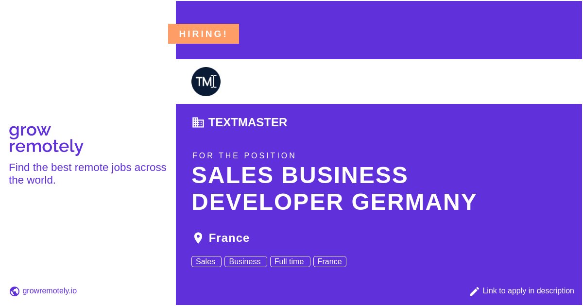growremotelyio's tweet image. Check out this job at TextMaster for the position Sales Business Developer Germany.

 Apply link: growremotely.io/?id=632905206f…

#hiring #remotejobs #TextMaster #SalesandMarketing