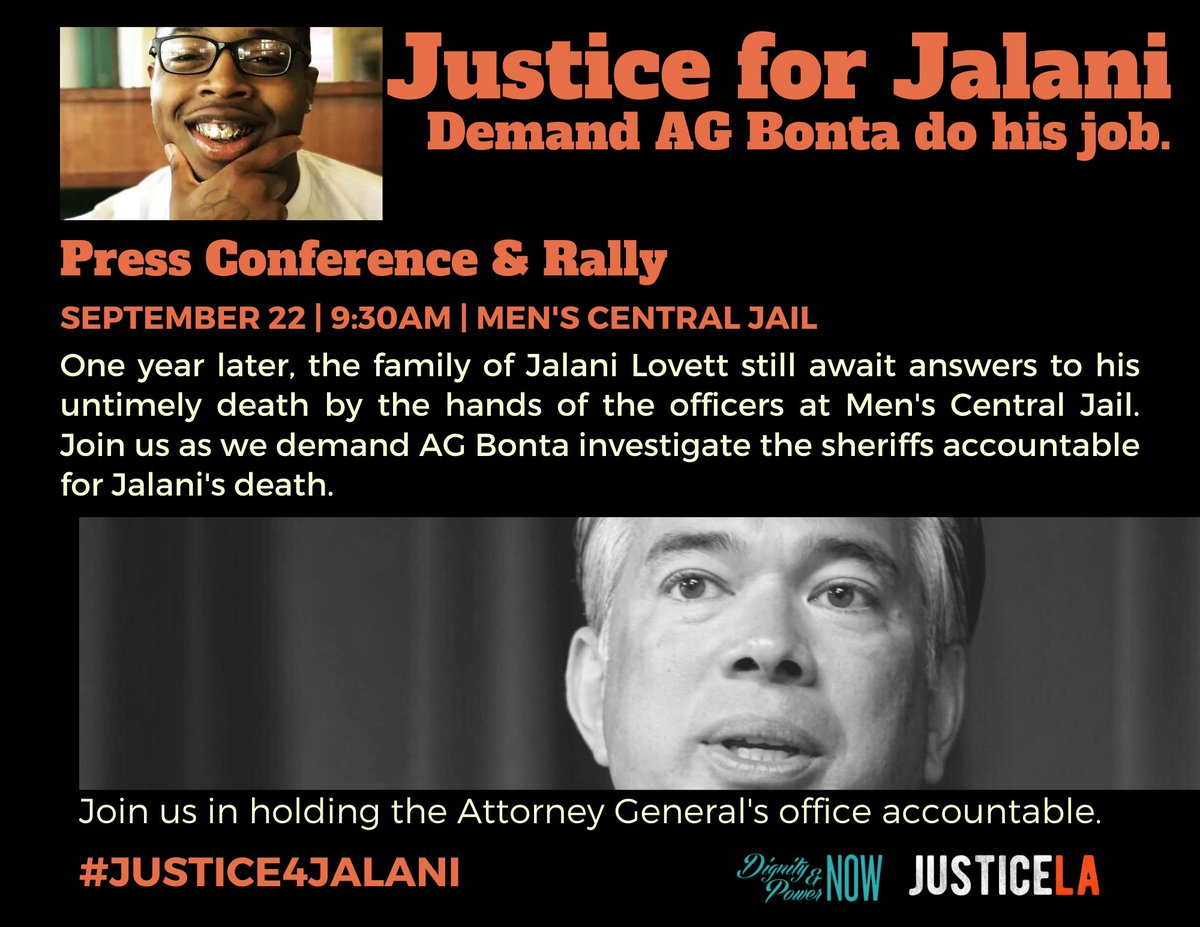 💥 LOS ANGELES ACTION ALERT 💥

Join us on THURSDAY to demand answers around the murder of Jalani Lovett inside of Men's Central Jail (MCJ) on September 22, 2021. 

We can save lives by closing MCJ &amp; holding the AG's office accountable.