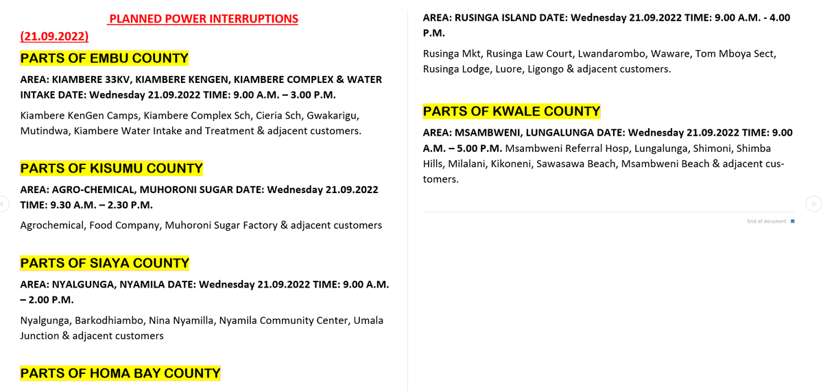 KenyaPower_Care's tweet photo. Good evening, please find the areas scheduled for maintenance tomorrow 21.09. 2022. ^DO https://t.co/vUHCDzCSpl
