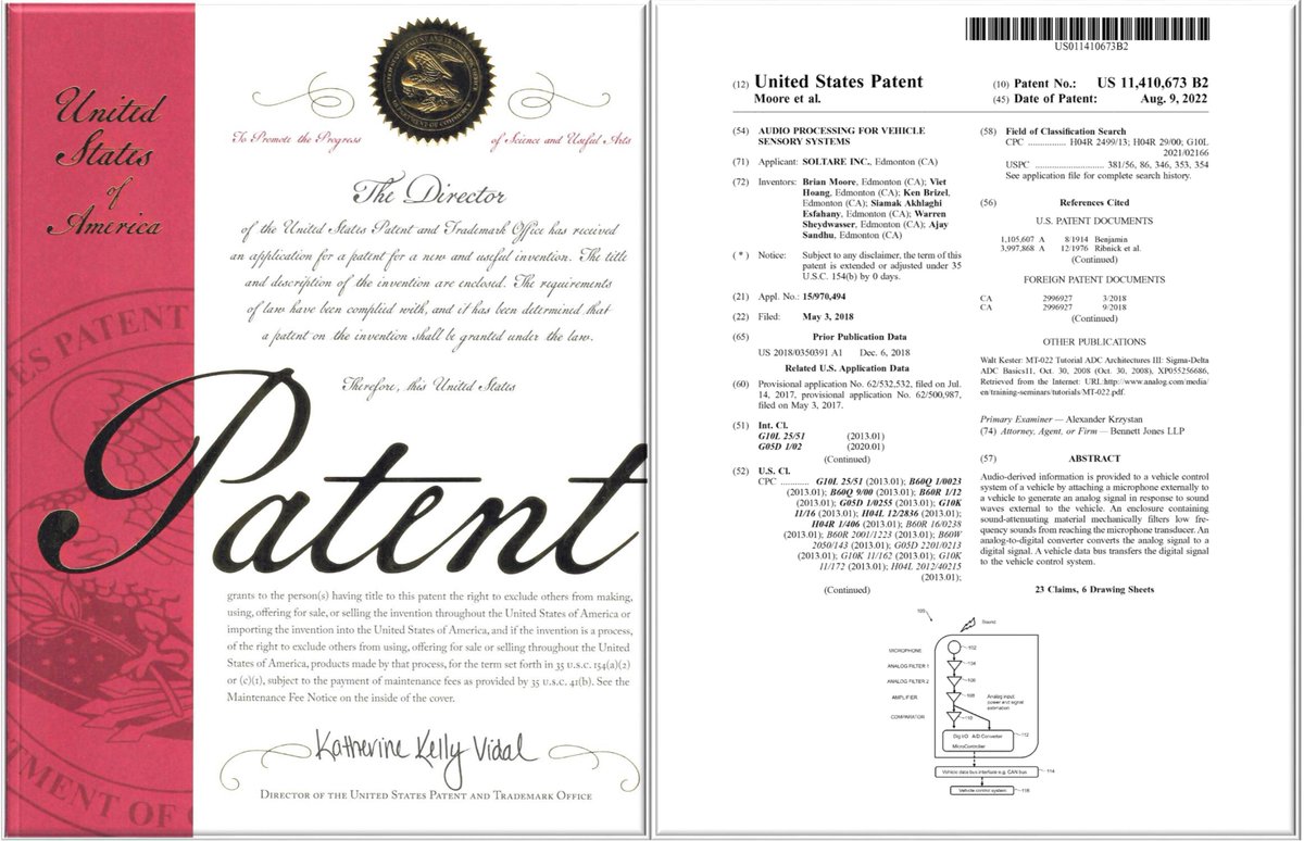 SoltareInc's tweet photo. We are very pleased to announce the granting of our US application patent for vehicular auditory sensing systems.  We now have granted patents for both our proprietary method of auditory perception and a vehicular system for auditory sensing which can implement our unique method. https://t.co/gQCNZ5qMEu