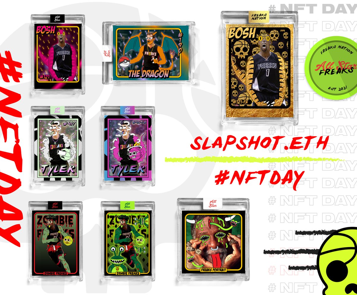 AllStarFreaks's tweet image. ☠️ Next up for recognition on this special #NFTDay is slapshot.eth / @Puckefeller

A weird, wild ride through Freaks Nation in this collection!!!

🦖 Special shout out to Bosh (#121-FN) BLACK FREAKS NATION EDITION
