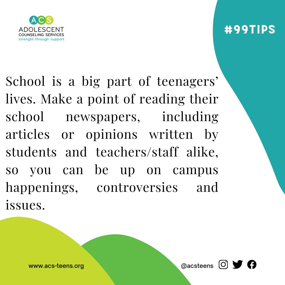 acsteens's tweet photo. #TuesdayTipsForTalkingWithYourTeenager #99tips #99consejos #acs #adolescentcounselingservices #mentalhealth #youthmentalhealth #counseling #depression #anxiety #substanceuse #oncampuscounseling #ASAT #communitycounseling #Outlet #nonprofit #breakthestigma #parenthood #adolescence https://t.co/cy12pA8MJe